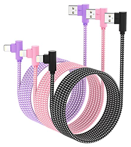 iPhone Charger 10FT, 90 Degree Lightning Cable [Apple MFi Certified] 3-Pack Nylon Braided Right Angle iPhone Cord Fast Charging for iPhone 14/13/13 Pro/12/11 Pro/XS Max/XS/XR/8/7