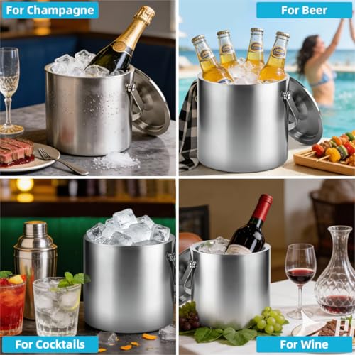 ChefBee Stainless Steel Ice Bucket - 3L Double-Wall Insulated Ice Buckets for Parties with Lid & Tongs, Large Champagne Wine Drink Container Holder, Ideal for Freezer Cocktail Home Bar Accessories by CHEFBEE - Used condition - Image 6