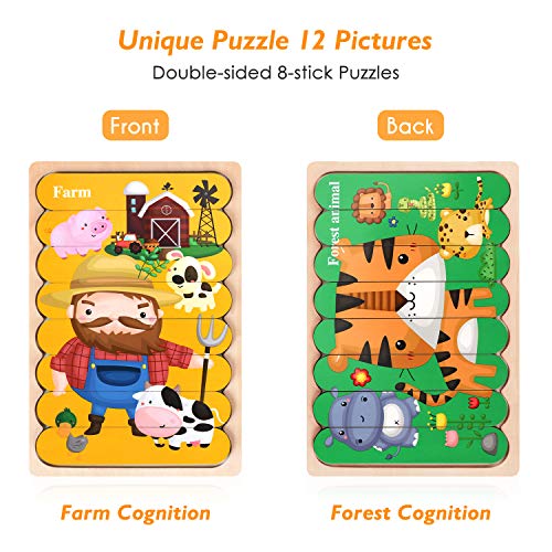 Fansteck Wooden Jigsaw Puzzles Sorting and Stacking Toys Peg Puzzles Animals & Transportation Montessori Preschool Educational Learning Toys Set for 3 4 5 Years Old (6 Boards & 48 Pieces)