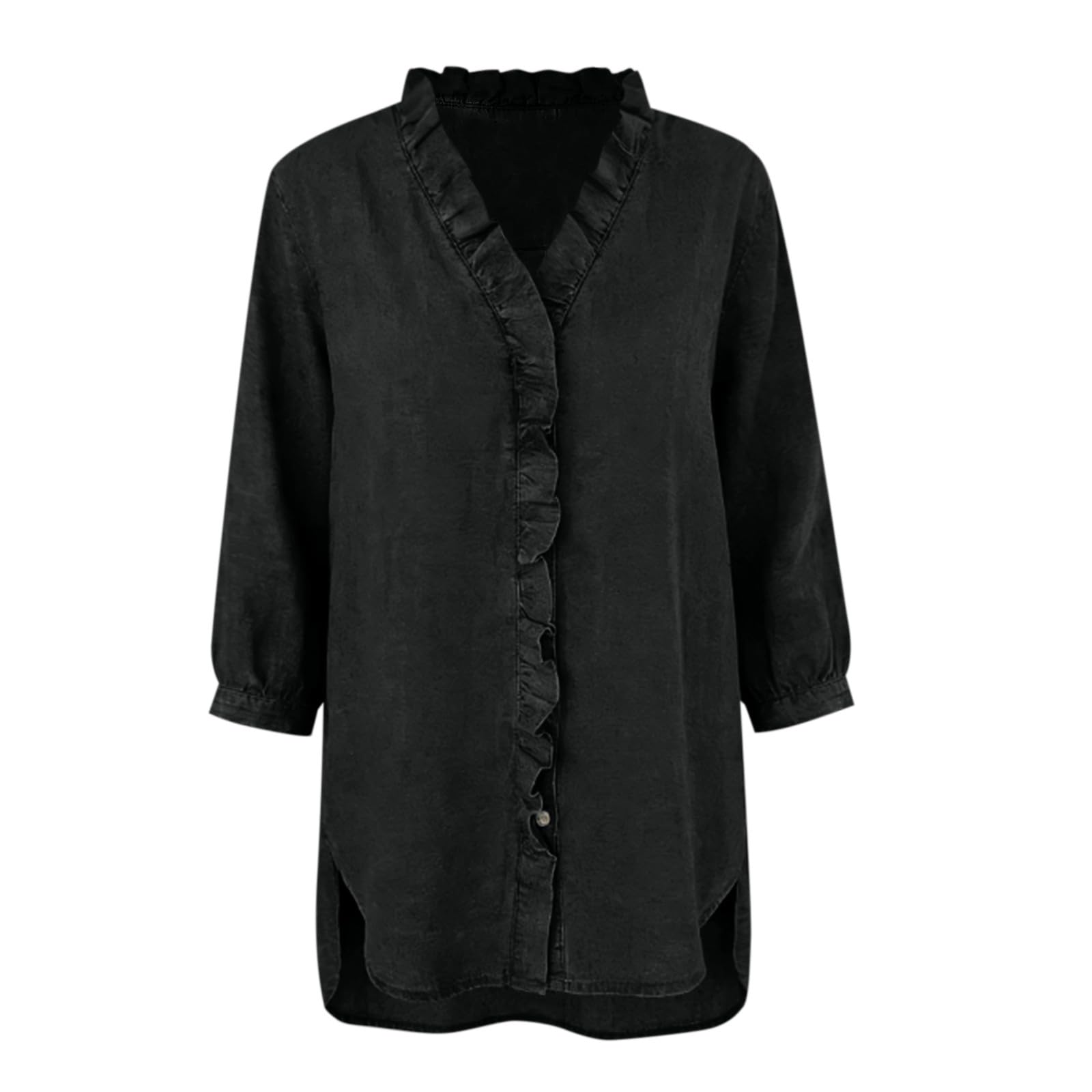 Chemise élégante pour femme avec volants – Chemise en jean pour femme à manches longues grandes tailles T-shirt col avec boutons style denim chemisier volants à la mode tunique décontractée