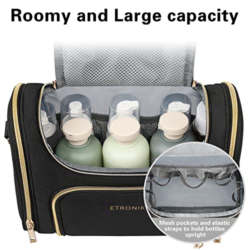 Etronik Toiletry Bag For Women, Travel Toiletry Bag With Strap, Travel Makeup Bag With Hanging Hook, Large Capacity Water-Resistant Cosmetic Makeup Bag, Full Sized Toiletries And Cosmetics, Black #TOP3