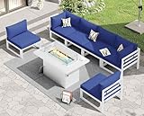 RADIATA 7 Piece Extra Large Modern Aluminum Outdoor Sofa with Fire Pit Table, 29' Deep Wide Seat, 500 lbs Durable Sectional Set for Heavy People, Anti-Rust Patio Furniture Set for Backyard, Navy Blue