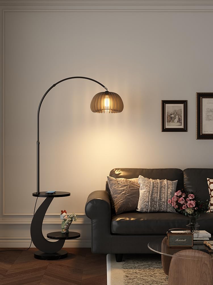 Modern Floor Lamp with Wireless Charger and Wooden Shelf, Minimalist Standing Lamp with Storage Cabinet, USB Ports, Dimmable LED Light for Bedroom Corner