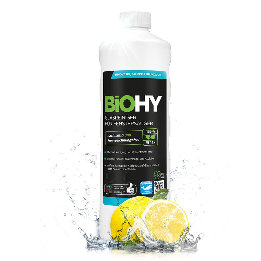 BiOHY Glasreiniger für Fenstersauger (1l Flasche) | Fensterreiniger Konzentrat für alle Fenstersauger | Bio Reinigungsmittel sorgt für streifenfreien Glanz | Glasreiniger | Fensterputzmittel