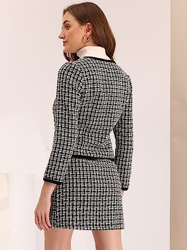 Allegra K Suit Set For Women's 2 Piece Outfits Plaid Tweed Short Blazer Jacket And Skirt Sets Small Black #TOP2