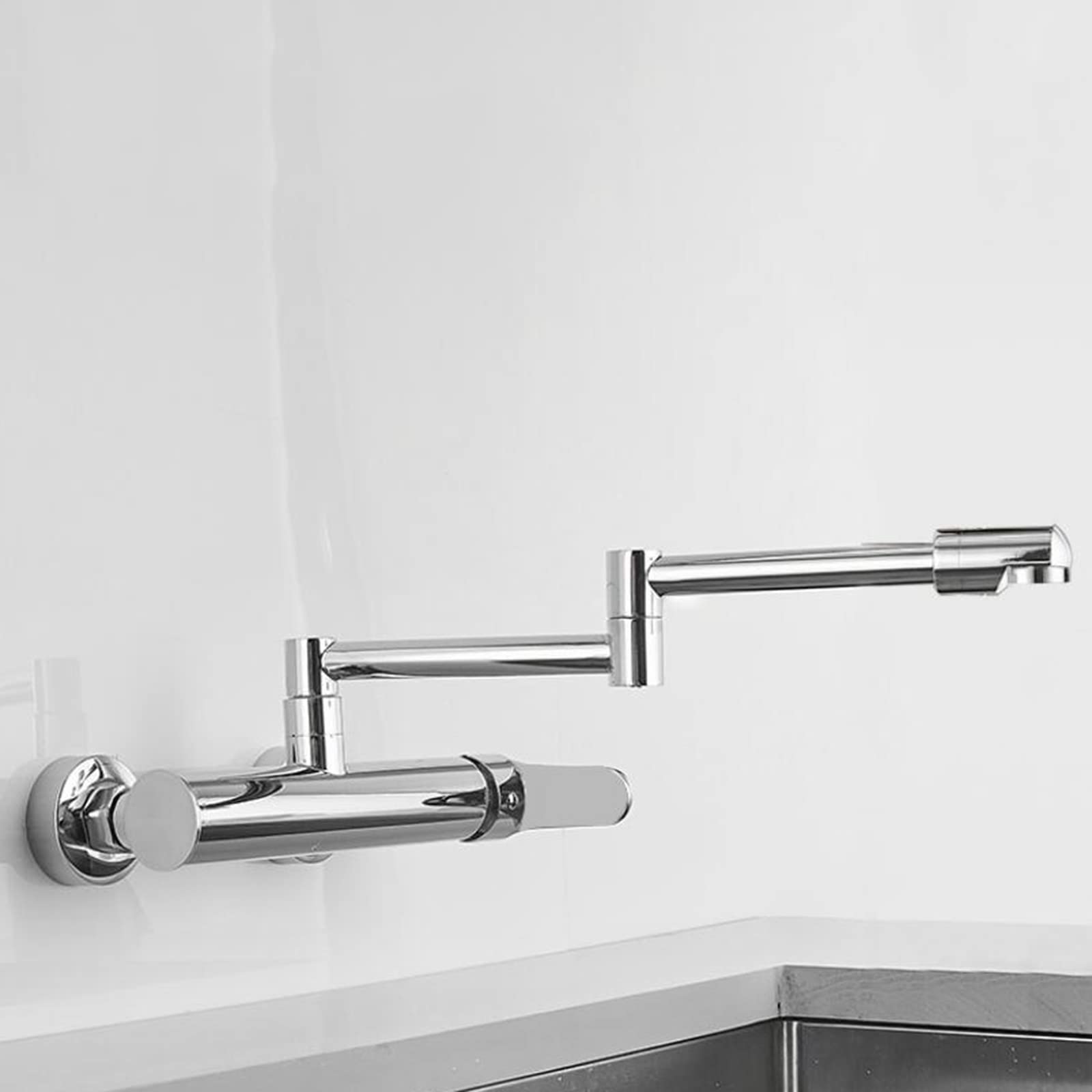 ASerZenith Wall Mount Kitchen Tap Brass Telescopic Swivel Hot And Cold Double Hole Wall Mount Kitchen Taps-Chrome