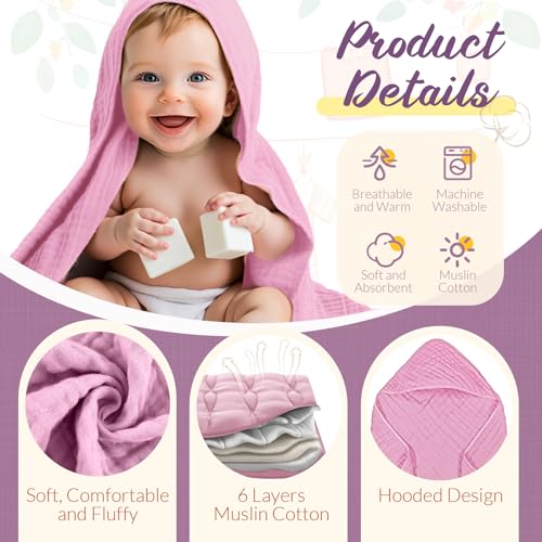 Image of VitalCozy 12 Pcs Baby Muslin Hooded Bath Towels and Washcloths, Muslin Hooded Baby Towels Absorbent Blankets for Gift Newborn Infant Shower (Pink Purple Series)