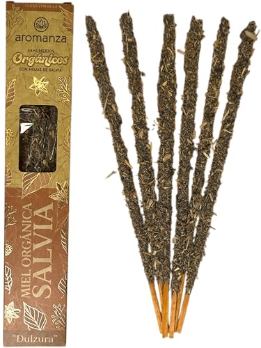 Sahumerio Orgánico Miel Orgánica y Salvia con Hojas de Salvia Aromanza Argentina - 6 Varillas Naturales - Dulzura - HOSTENATURA