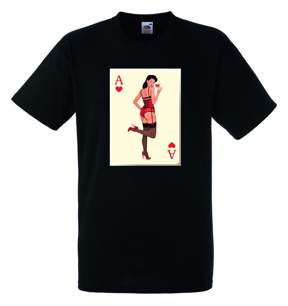 ace of Hearts Pinup Card 100% Cotton Mens Fruit of The Loom t-Shirt Black