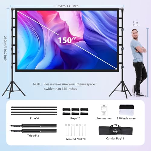 Beamer Leinwand mit Stativ 150 Zoll - LEORFI Projektor Leinwand Outdoor Tragbar, Indoor HD 16:9 Front Rück, Projektionswand mit Tragetasche, Höhenverstellbar, für Camping und Heimkino