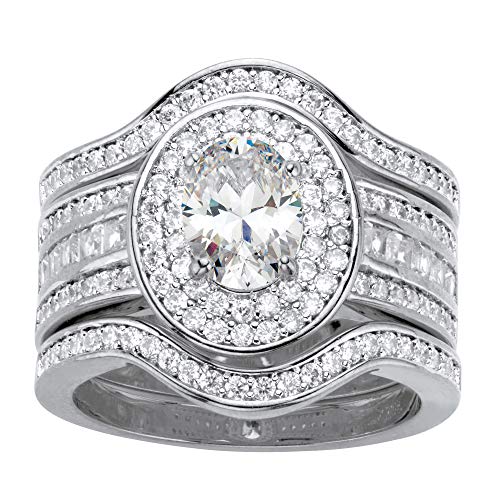 Palm Beach Jewelry Platinum Plated Oval Cut Cubic Zirconia Double Halo Scalloped Bridal Ring Set Size 7