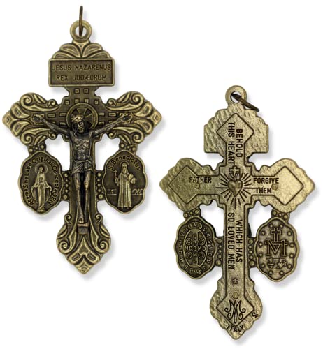 Gifts Catholic Inc. 3-Way Pardon Indulgence Crucifix With Miraculous & St Benedict Medals 2 1/8" - Bronze #TOP4