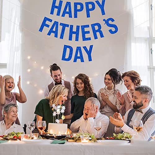 Image of Happy Father's Day Glitter Blue Banner Bunting Banner for Dad Father's Party Decorations Backdrop Garland for Father's Day (Dark Blue)