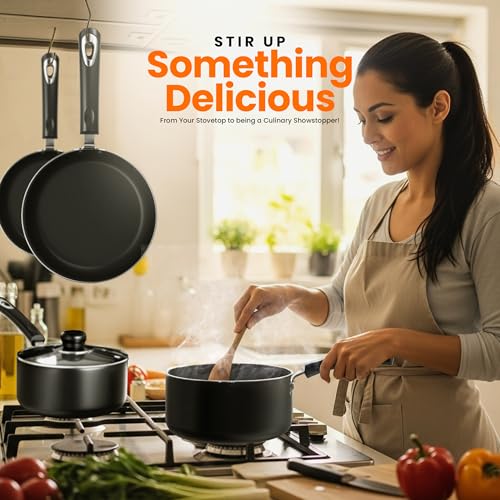 KICHLY Set of 8 Non-Stick Cookware Pots and Pans for Induction Hobs - 20cm, 28cm Frying Pans & 16cm, 18cm, 20cm Saucepans with Lids (Black) - Image 2