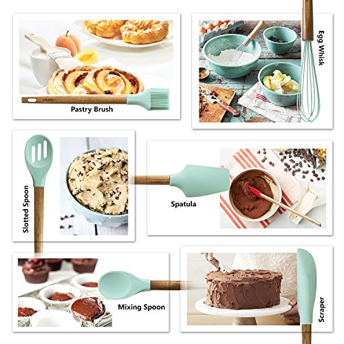 Silicone Baking Utensils - Balloon whisk, Slotted & Solid Kitchen Spoon, Spatula, Long Scraper and Pastry Brush, Acacia Hard Wood Handle - Thumbnail 5