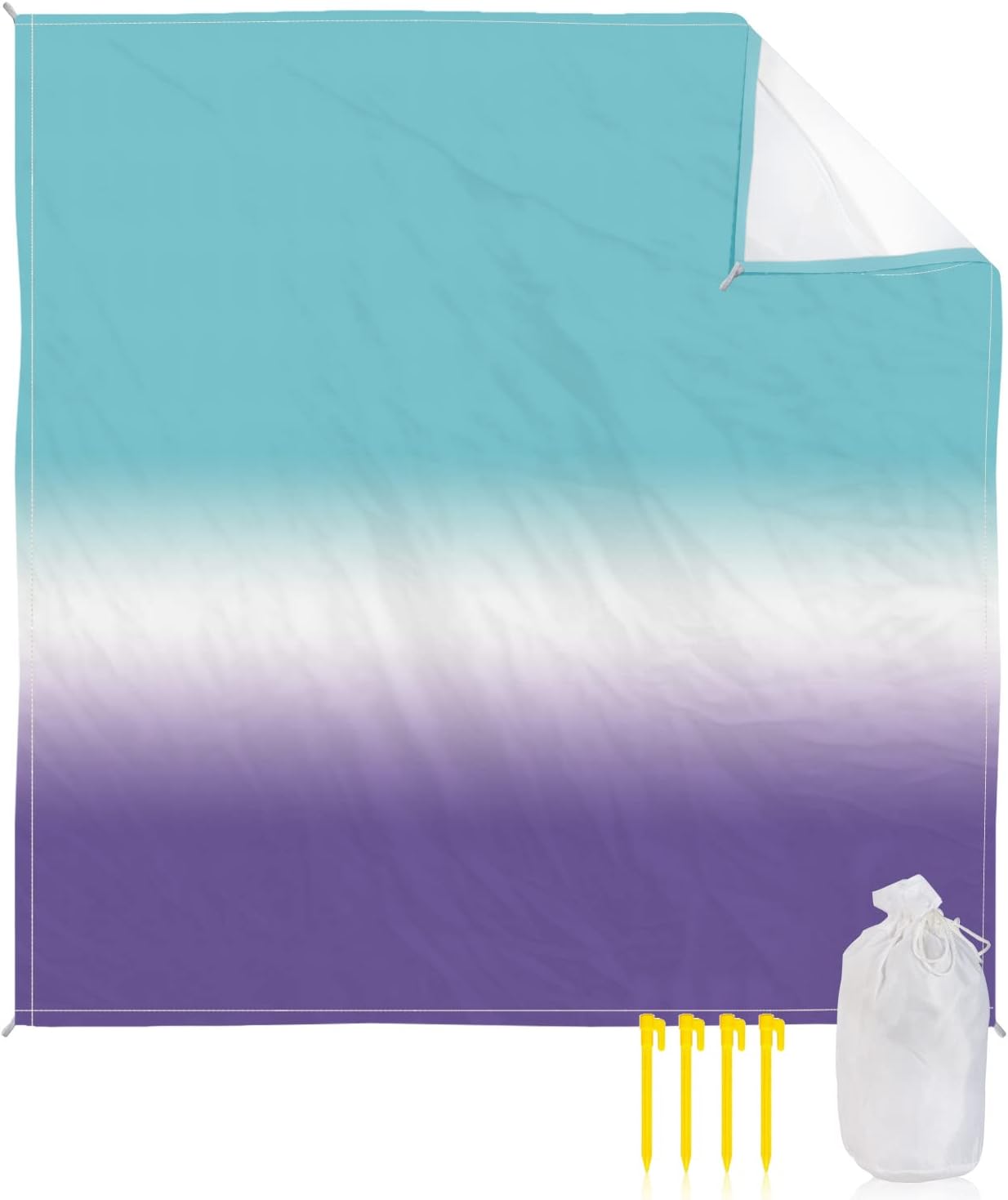 Blue White Purple Beach Blanket Waterproof Sandproof Outdoor Picnic Mat 95"x80" Ombre Art Lightweight Large Beaach Blankets with 4 Stake & 4 Corner Pockets