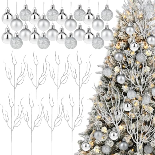 Decoración costera plateada para árbol de Navidad con ramas de brillo de 13" y bolas, 32 uds. 2