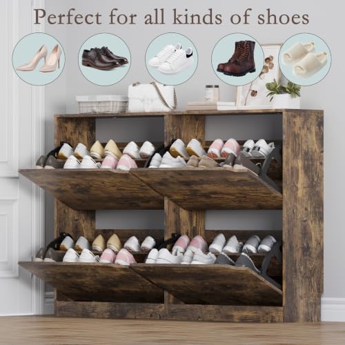 Image of BORNOON Shoe Cabinet with 4 Flip Drawers, Narrow Hidden Shoe Storage Cabinet, Slim Freestanding Shoe Rack Organizer for Entryway, Hallway, Bedroom, Living Room