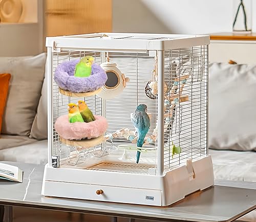 Image of 2Pcs Bird Perch Stand Platform Plush Parrot Hanging Hammock Warm Bird Nest Snuggle Hut Birds Sleeping Bed Wood Perch for Parrot, Budgies, Parakeet, Cockatiels, Conure, Lovebirds-Purple&Pink