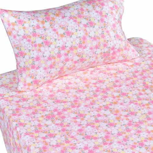 J-pinno Pink Floral Flower Cartoon 100% Cotton Twin 3 Pieces Sheet Set Decoration Kids Boys Girls Children Flat Sheet + Fitted Sheet + Pillowcase Bedding Set - Thumbnail 3