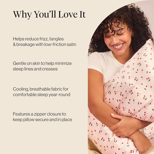 Image of Kitsch Satin Pillowcase with Zipper for Hair & Skin - Softer Than Silk Pillow Cases, Smooth Cooling Satin Pillow Case, Wrinkle-Free, Machine Washable, Pillow Cases Standard Size 19x26 - Cherry Print