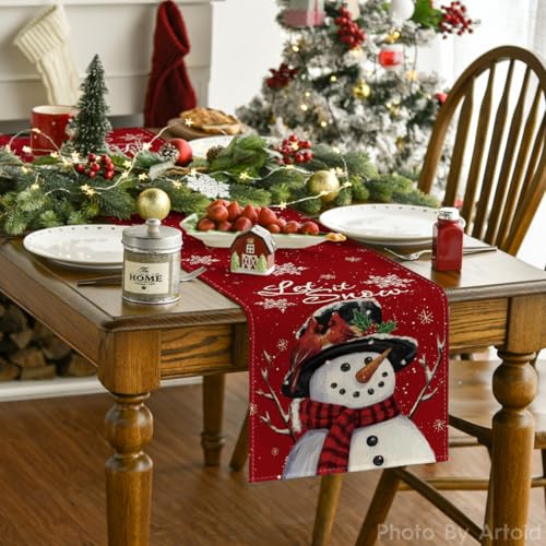 Artoid Mode TABLERUNNER-WINTER-33183-018 Red Snowman Let It Snow Winter Table Runner, Seasonal Christmas Kitchen Dining Table Decoration thumb #1