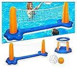 Aufblasbares Wasserballspiel Volleyballnetz & Wasserspiel Floating Hoops Basketballkorb , Aufblasbare Pool Volleyball Spieleset Wassersport Spielzeug mit Netz und 2 Bällen für Erwachsene Kinder