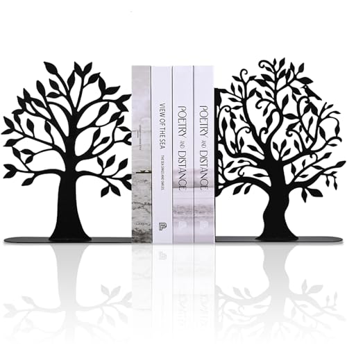 Decorative Bookends Modern Metal Book Ends for Shelves, Tree Stopper for Books Decorative Book Organizer Bookends Decorative, Black Shelve Bookends for Home Office, 6.1 X 6.1 X 1.2 Inch