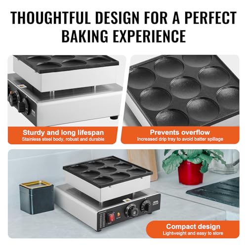 Image of VEVOR Dutch Pancake Maker, 9PCS 76mm Diameter Dorayaki Baker Machine, 850W Commercial Electric Poffertjes Grill, Non-stick Stainless Steel, Temp & Time Control, for Home Kitchen Restaurant Snack Bar