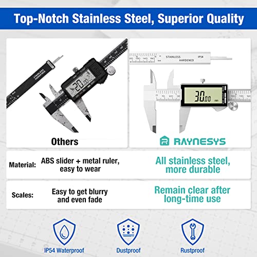 Raynesys Digital Caliper 6 Inch With Large Lcd Screen, Inch/Mm/Fraction Conversion, 150Mm Micrometer Caliper All Stainless Steel Diameter Measuring Tool For Jewelers/Woodworkers/Diy #TOP3