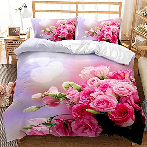 Meimall Housse De Couette en King Plante Rose Rose Belle 140X200 Cm Ensemble De Couette en Couette De Couette en Microfibre Réversible Moderne 3 Pièces - 1 Housse De Couette Cover