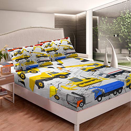 Erosebridal Crane Bedding Sets Bulldozer Fitted Sheet TwinXL Size, Boys Toys Car Construction Bed Sheet for Child Teens Youth Man, Kids Car Theme Bedroom Decor Yellow Red Blue