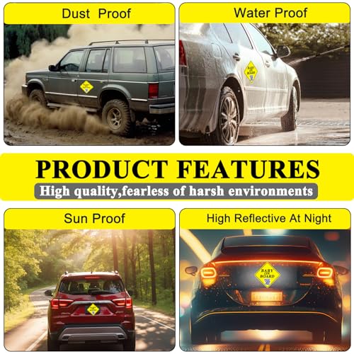 Image of 2 Pack Baby on Board Magnet for Car, Magnetic Safety Sign with Reflective, Strong Car Magnet Sticker, Waterproof Baby in Car Sign for Dad Mom, Easy to Attach and Remove 4.7 Inch(Yellow - 2 Pack)