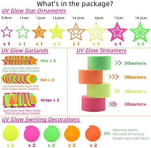 540feet Paper UV Neon Garland Neon Streamers Glow in The Dark Neon Party Supplies and Decorations Glow in The Dark Streamers Blacklight Reactive Fluorescent Black Light Party Kit for Birthday Wedding