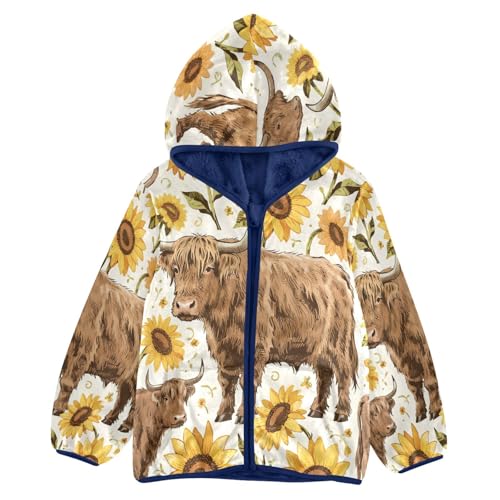 Brown Cows and Yellow Flowers Toddler Fleece Jacket Girl Boys Hooded Fleece Jacket Coat Warm Outwear Zip-up 3-10T