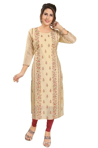 DARIKA Women's Pure Chanderi Cotton Straight Kurti with Emproidrey in Beige & Black Colour for All Plus Size and Small Size.