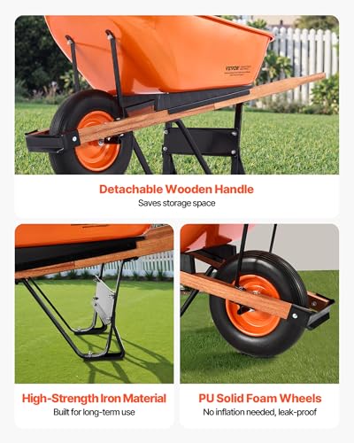VEVOR Wheelbarrow Cart, 6 Cu. Ft. Load & 330 lbs Capacity, One Wheel Garden Dump Cart Wheel Barrow with Metal Handle & 16" Wide Track Wheels, Easy Loading Utility Yard Cart & Wagons for Lawn Farm - Thumbnail 6