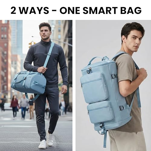 Image of POPCUBE 2in1 Nylon 26cm Lightweight Waterproof Backpack Duffle Bag w /Shoulder Straps, Small Rucksack Travel Bag for Men&Women w /Wet Pocket & Shoe Compartment(50x26x26cm) (Blue, 34 L Bucket)