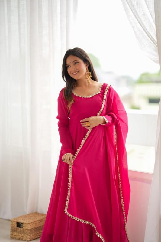 TREZX COLLECTION महिलाओं के लिए प्योर मल चंदेरी अनारकली सूट सेट - Image 2