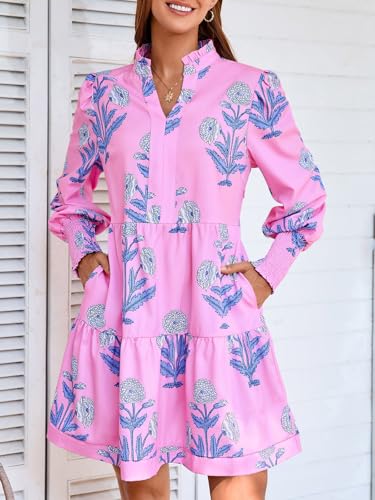 Image of Imily Bela Womens Fall Long Sleeve Tunic Dress Casual V Neck Tiered Dress | Loose,Swing,A-Line,Ruffled Collar,Puff Balloon Sleeve,Smocked Elastic Cuffs,Tiered Layered Ruffle Hem,Babydoll,Loose,Mini