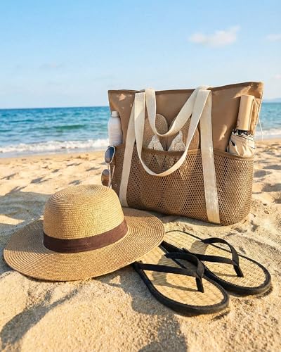 Image of HOMESPON Beach Bag Large Waterproof Sandproof Tote for Women with Zipper and Mesh Pockets