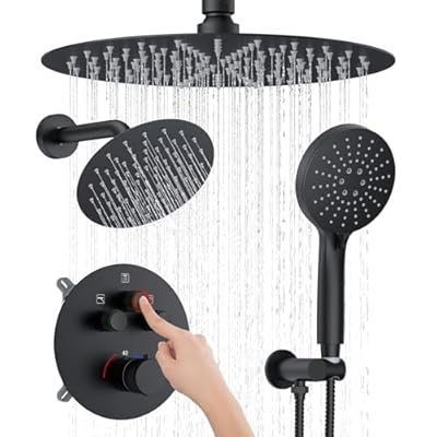 KOJOX Matte Black Thermostatic Shower System, Push Button Diverter Shower Faucet Set with 12" Ceiling Mount Rain Shower, 8" Wall Mount Shower Head, and 3-in-1 Handheld Spray