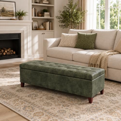 Image of Ottoman with Storage, 51 Inch End of Bed Storage Ottoman Bench, Faux Leather Upholstered Ottomans with Hinged Lid, Rectangle Long Foot Rest Bench for Living Room Bedroom Dark Green