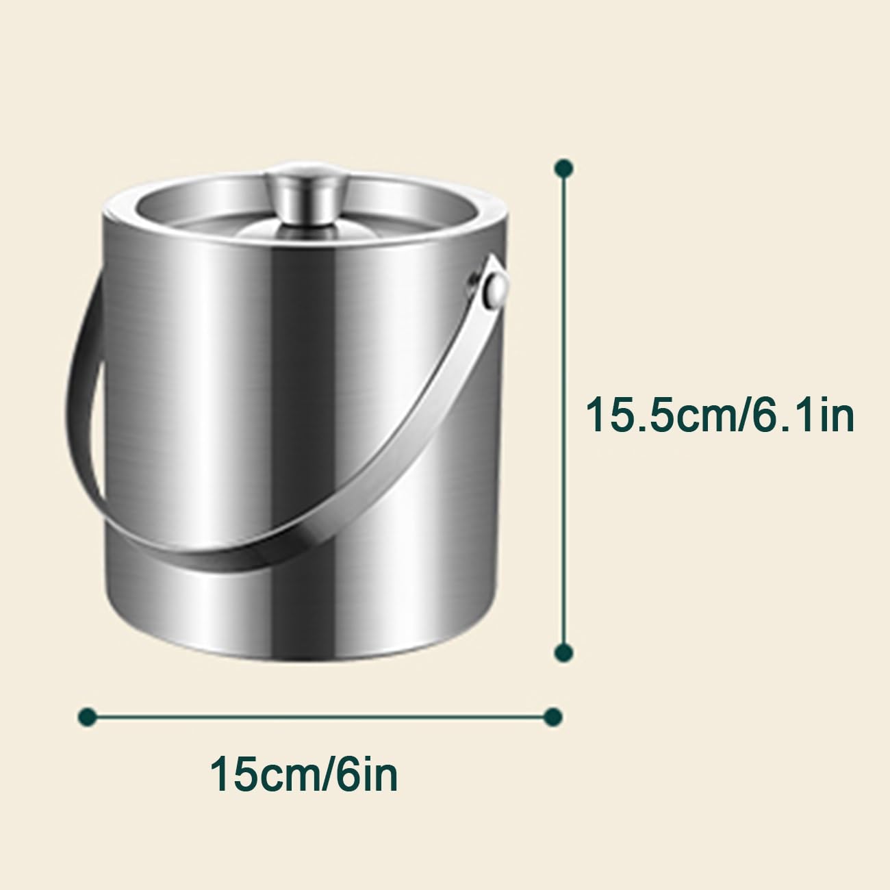 Cubitera de Acero Inoxidable Aislado Portátil Cubitera de Doble Pared para Vino Cubitera para Botella de Champán con Tapa Asa y Pinzas para Fiestas en Bar en Casa(Silver,15cm)