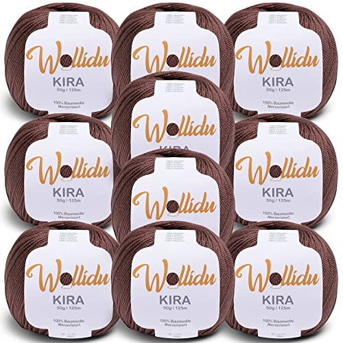 Wollidu Kira 100% algodón, 10 x 50 g, para tejer y ganchillo, color marrón