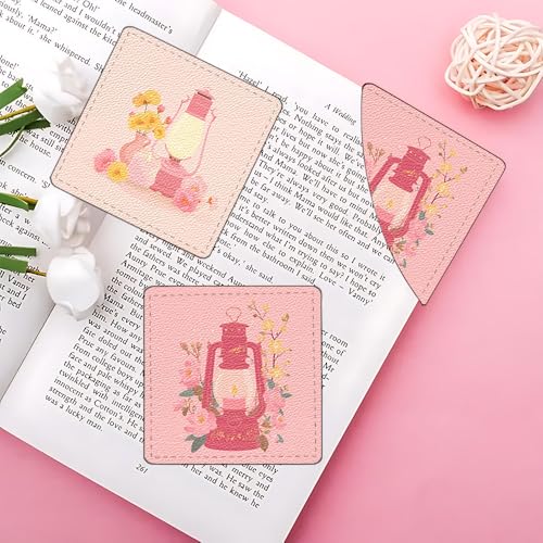 Image of 2Pcs Pink Floral Lantern Corner Bookmarks, Handmade PU Leather Page Markers, Vintage Flower Stationery Gift for Women, Teachers, Mom, Spring Summer Reading Accessories for Book Lovers 3.54 inch