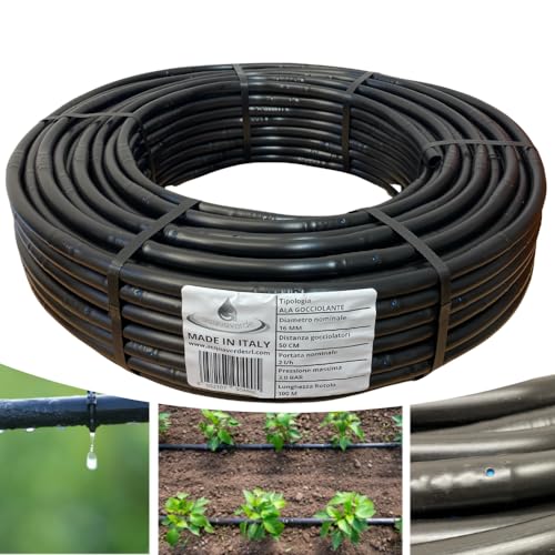 acquaverde | Ala Gocciolante ø 16 mm Passo 50 cm con Gocciolatore Doppio Foro 2 L/H SUPER, Rotolo da 100 mt, Tubo In Polietilene per Irrigazione a Goccia Automatica, Nero - Orto Facile