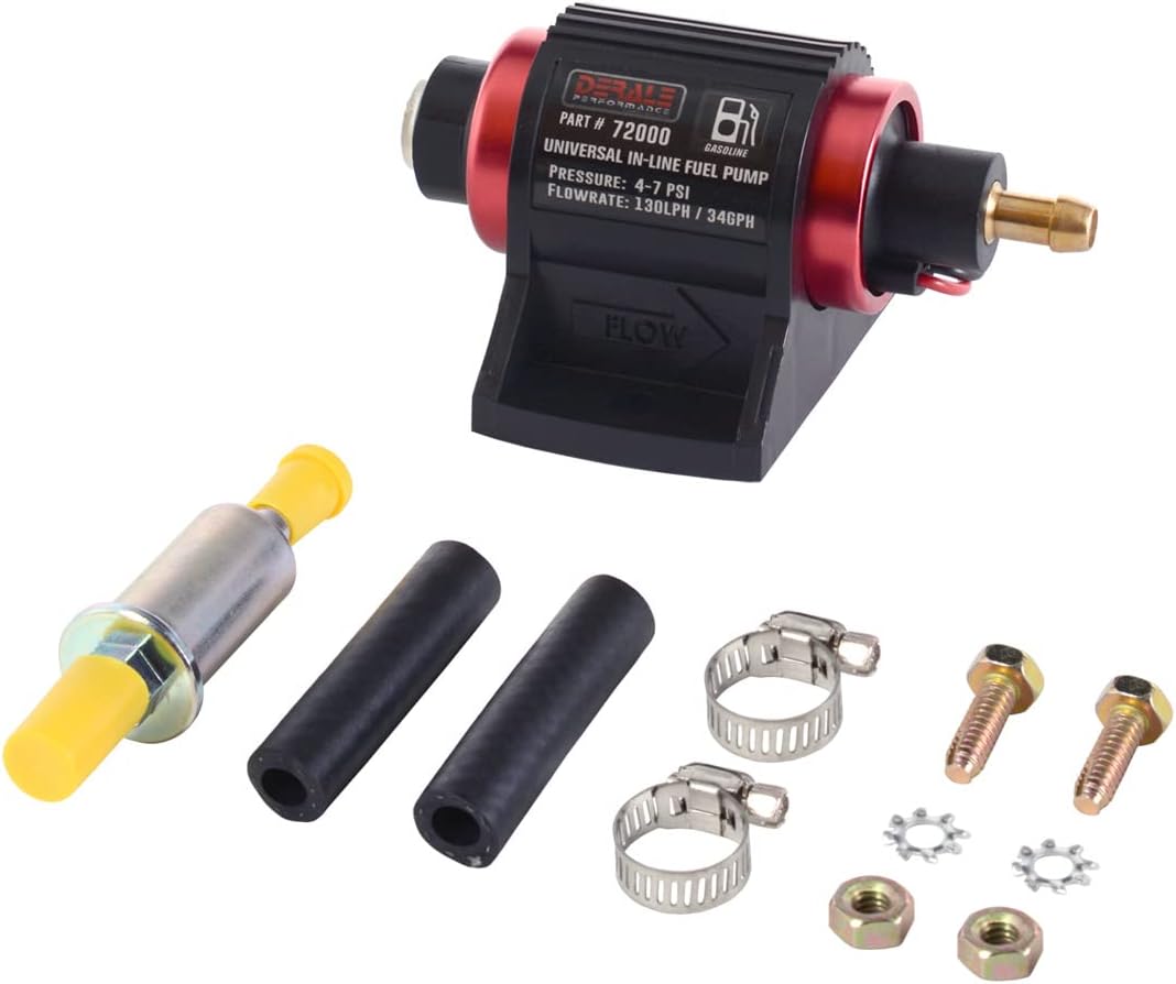 Derale Fuel Pump, Electric, In-Line, 34 gph at 7 psi, 1/8 in NPT Female Inlet, 3/8 in Hose Barb Outlet, Aluminum, Red/Black Anodized, Gas, Kit