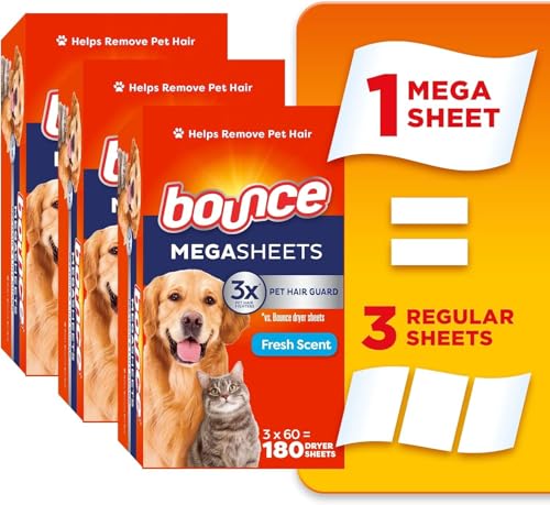 Pet Hair and Lint Guard Mega Dryer Sheets with 3X Pet Hair Fighters, Fresh Scent, 180 Count by bounce - Used condition - CA$11.16