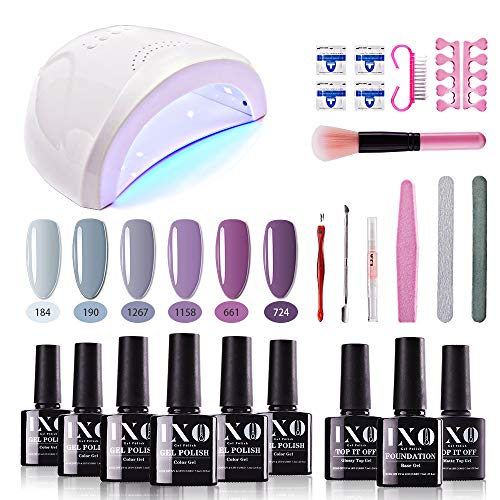 IXO Gel Nail Polish Starter Kit with Upgraded 48W UV LED Light Nail Lamp Soak Off Gel Base Top Coat Lavender Series Pink Purple Gel Polish Set Nail Art Manicure Tools Essentials Kit